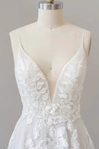 Long A-line Spaghetti Strap Lace Appliques Tulle Backless Wedding Dress