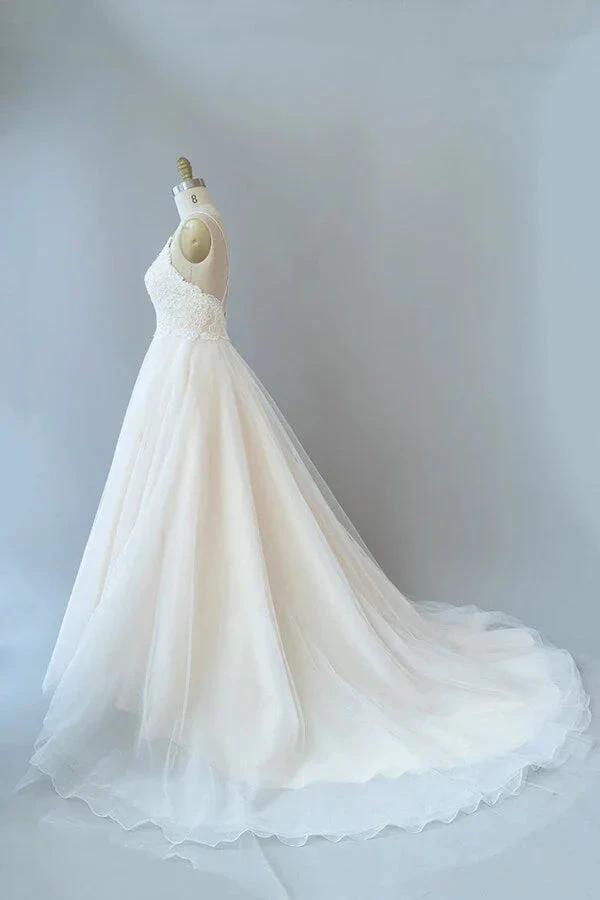 Long A-line Spaghetti Strap Lace Tulle Backless Wedding Dress
