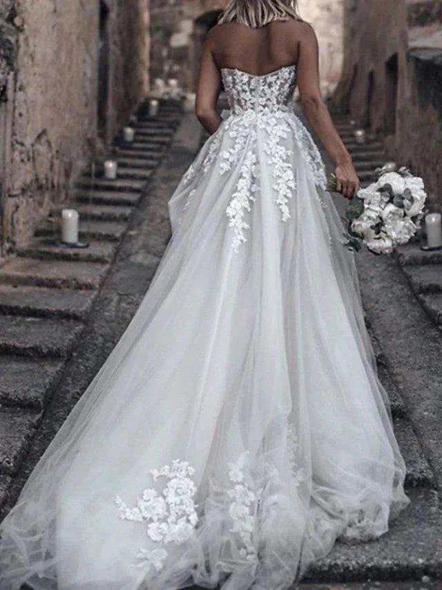 Long A-Line Strapless Sweep Brush Train Lace Tulle Sleeveless Wedding Dresses