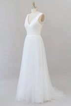 Long A-line Straps V-neck Chiffon Open Back Wedding Dress