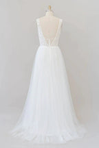 Long A-line Straps V-neck Chiffon Open Back Wedding Dress