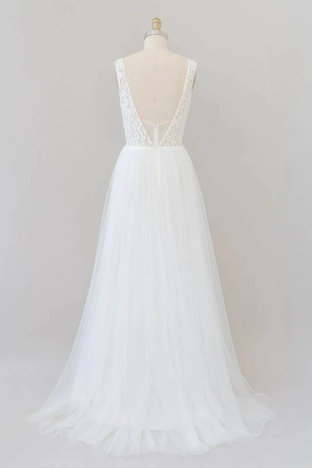 Long A-line Straps V-neck Chiffon Open Back Wedding Dress
