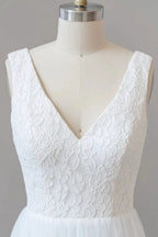 Long A-line Straps V-neck Chiffon Open Back Wedding Dress