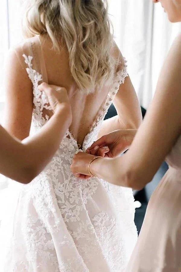 Long A-line Straps V-neck Floral Beads Tulle Backless Wedding Dress