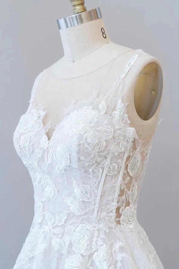 Long A-line Sweetheart Appliques Lace Tulle Wedding Dress
