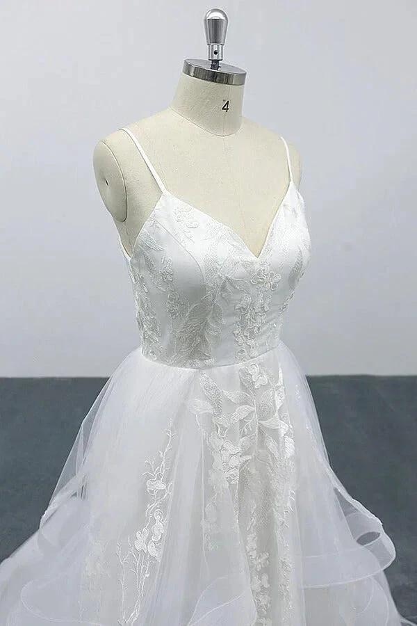 Long A-line Sweetheart Appliques Spaghetti Strap Tulle Wedding Dress