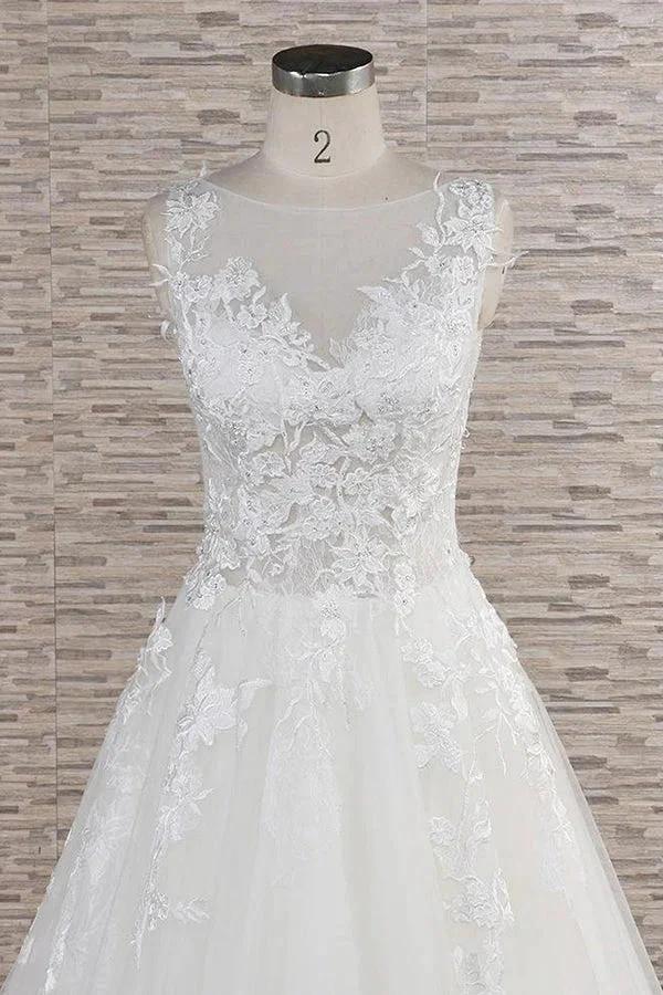 Long A-line Sweetheart Applqiues Lace Tulle Wedding Dress