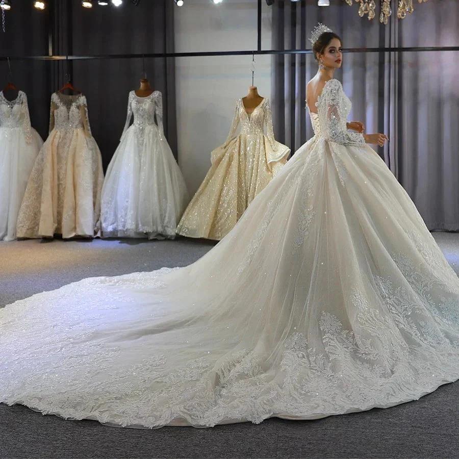 Long A-Line Sweetheart Backless Appliques Lace Sequins Wedding Dress with Sleeves