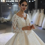 Long A-Line Sweetheart Backless Appliques Lace Sequins Wedding Dress with Sleeves