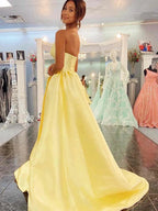 Long A-line Sweetheart Backless Satin Prom Dress Yellow Formal Graduation Evening Dresses
