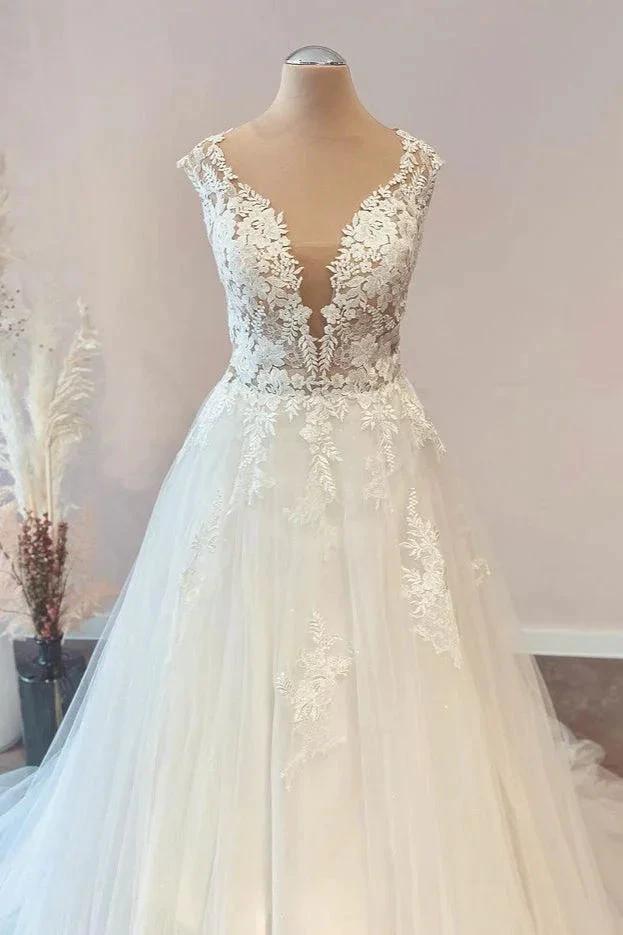 Long A-Line Sweetheart Floral Lace Tulle Wedding Dress