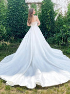 Long A-line Sweetheart Satin Wedding Dress Open Back Bridal Gowns with Pockets