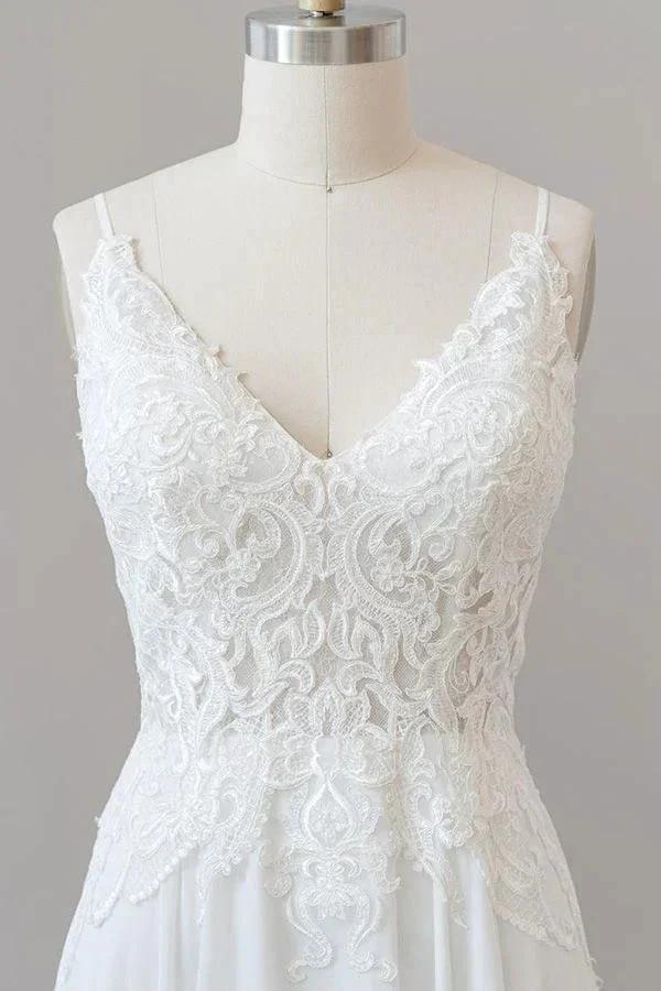 Long A-line Sweetheart Spaghetti Strap Appliques Chiffon Wedding Dress
