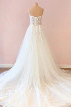 Long A-Line Sweetheart Tulle Appliques Lace Wedding Dress