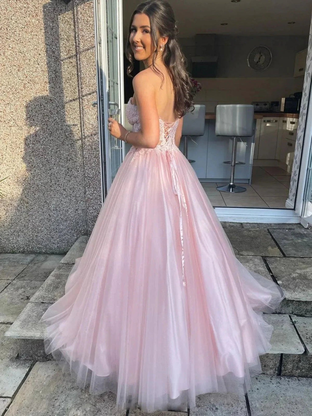 Long A-line Sweetheart Tulle Lace Prom Dress Pink Lace Formal Evening Gowns