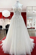 Long A-line Tulle Sleevless Ruffles Jewel Wedding Dress With Lace Appliques