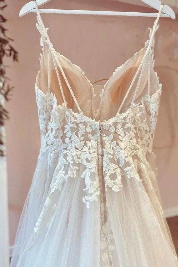 Long A-Line Tulle Sweetheart Appliques Lace Wedding Dress