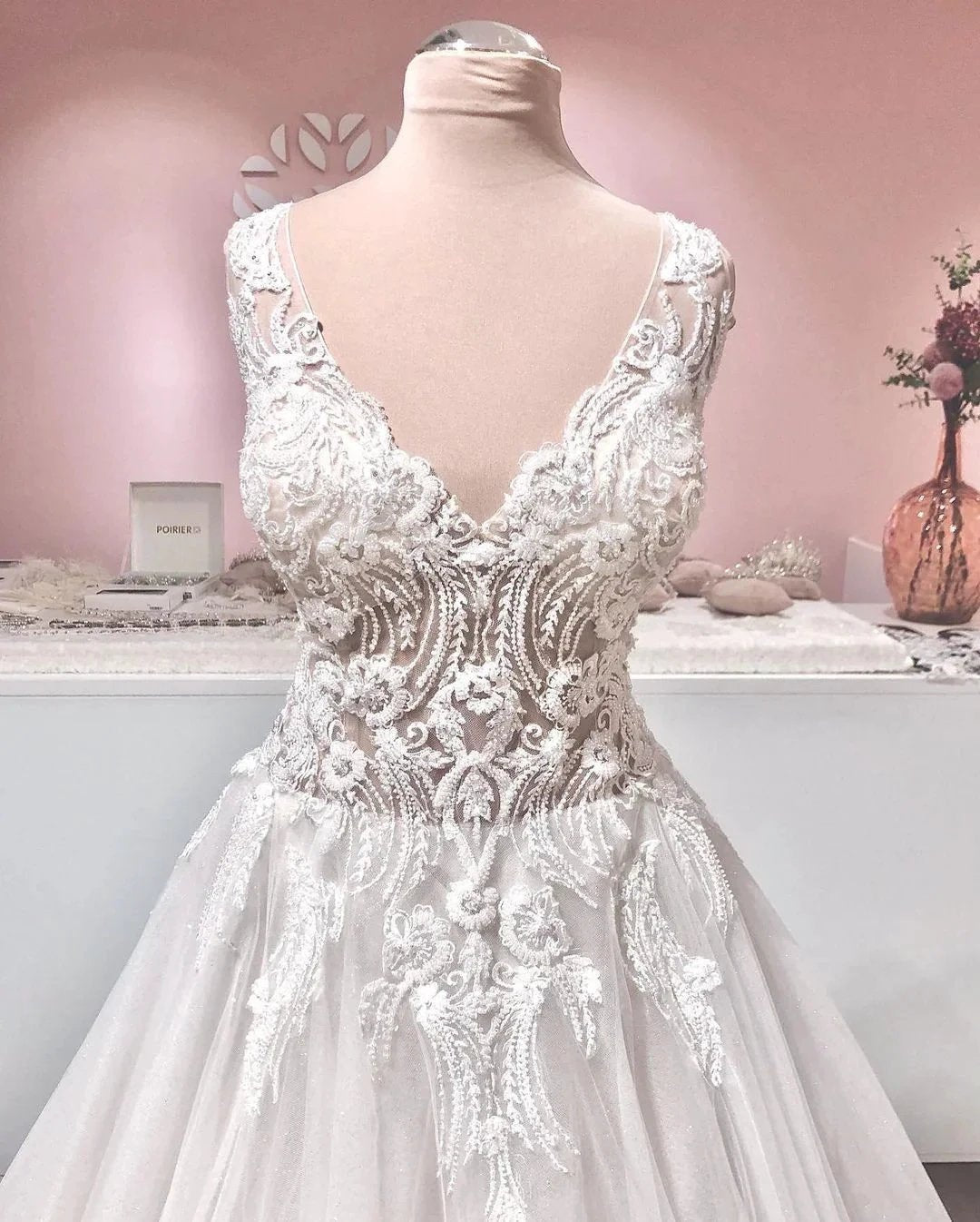 Long A-line V-neck Appliques Lace Backless Tulle Ruffles Wedding Dress