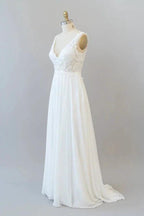 Long A-line V-neck Appliques Lace Chiffon Wedding Dress