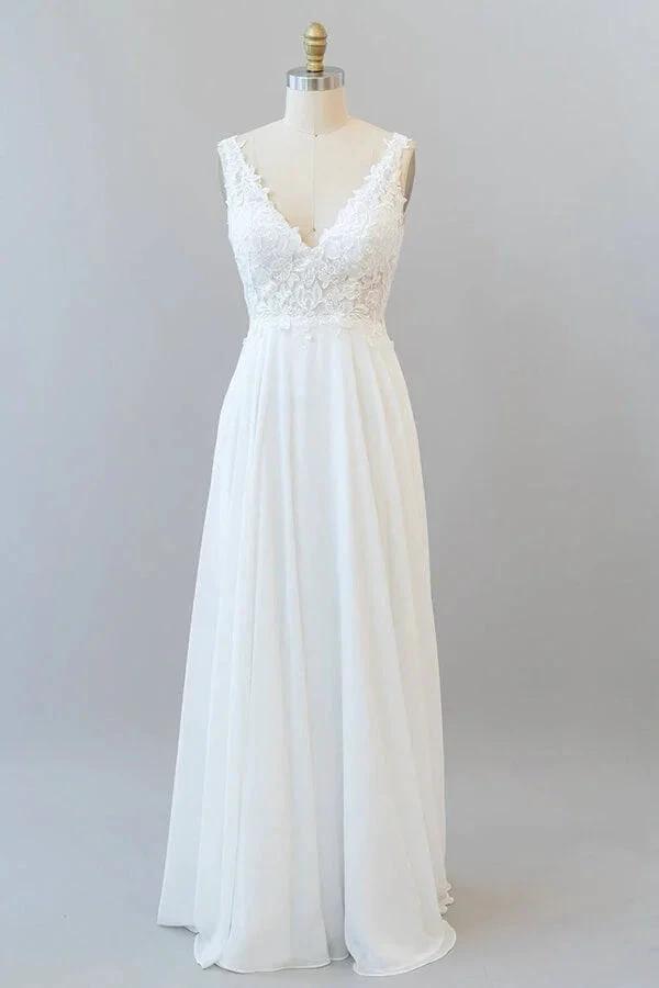 Long A-line V-neck Appliques Lace Chiffon Wedding Dress