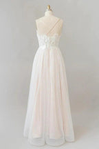 Long A-line V-neck Appliques Lace Tulle Backless Wedding Dress
