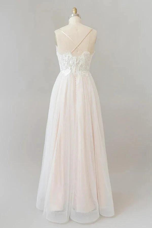 Long A-line V-neck Appliques Lace Tulle Backless Wedding Dress