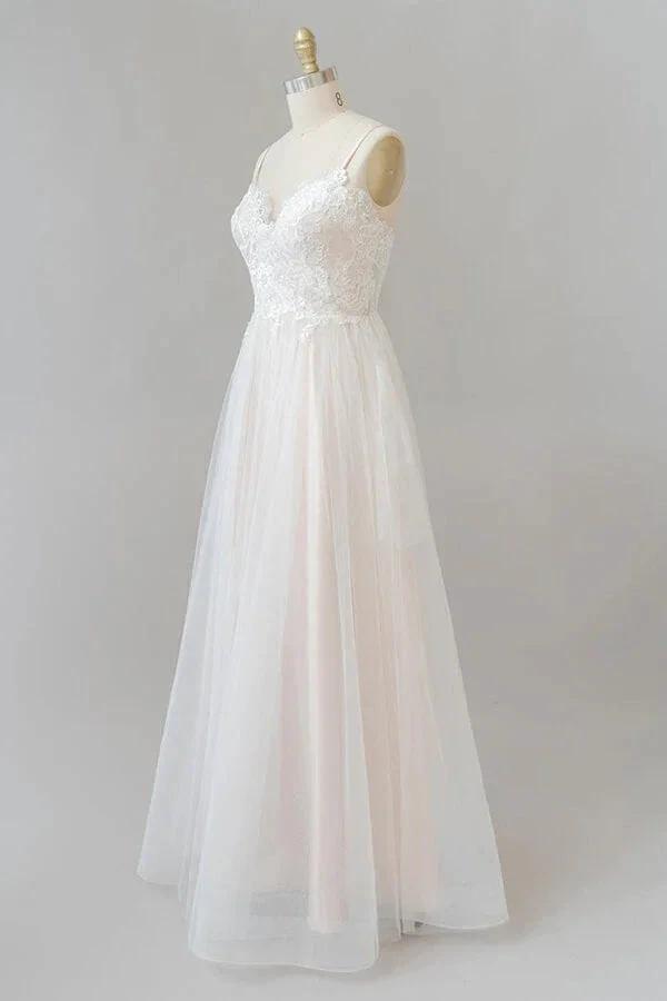 Long A-line V-neck Appliques Lace Tulle Backless Wedding Dress