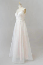 Long A-line V-neck Appliques Lace Tulle Backless Wedding Dress