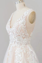 Long A-line V-neck Appliques Lace Tulle Backless Wedding Dress