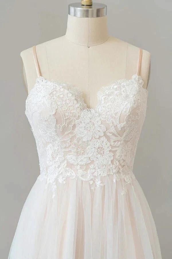 Long A-line V-neck Appliques Lace Tulle Backless Wedding Dress