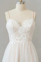 Long A-line V-neck Appliques Lace Tulle Backless Wedding Dress