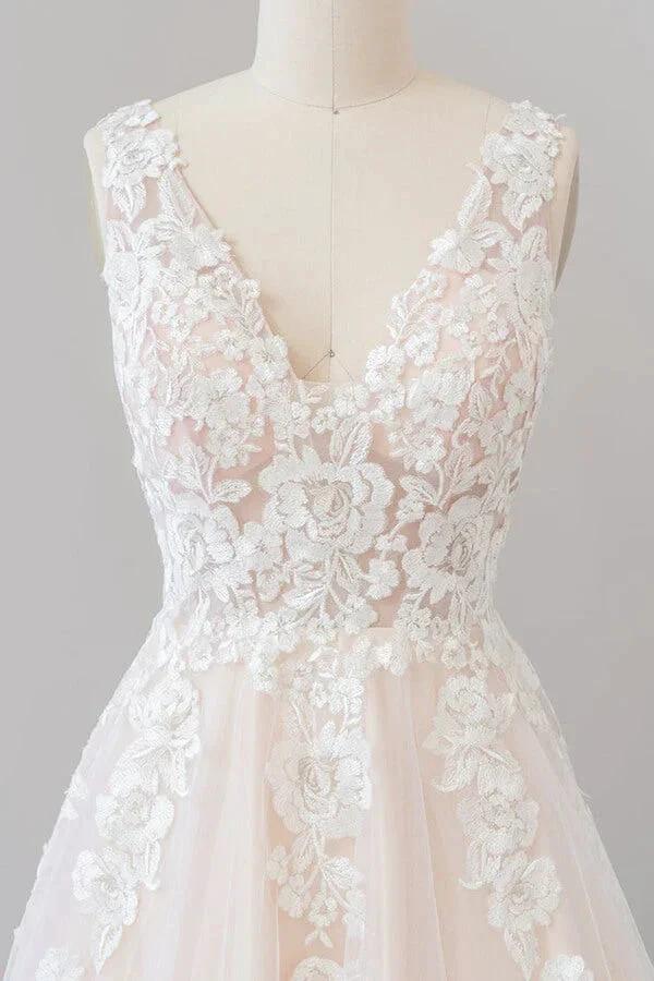 Long A-line V-neck Appliques Lace Tulle Backless Wedding Dress