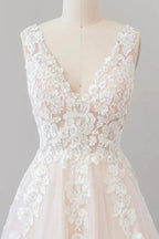 Long A-line V-neck Appliques Lace Tulle Backless Wedding Dress
