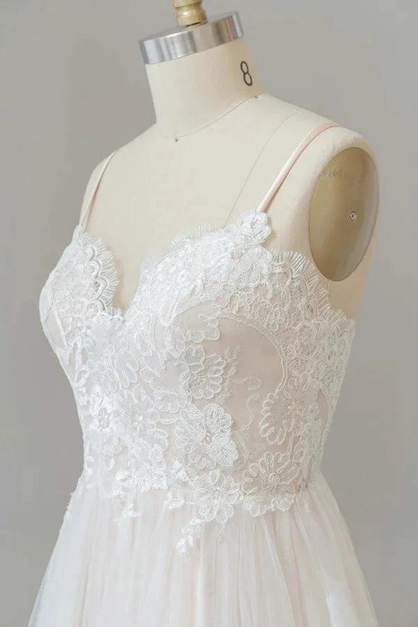 Long A-line V-neck Appliques Lace Tulle Backless Wedding Dress