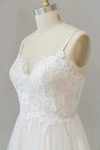 Long A-line V-neck Appliques Lace Tulle Backless Wedding Dress