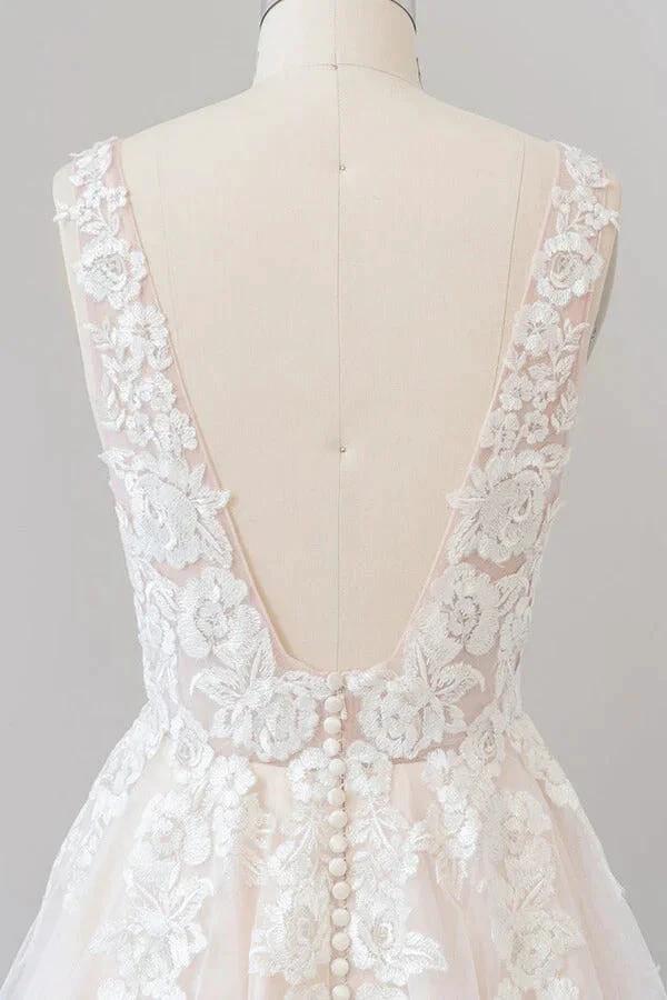 Long A-line V-neck Appliques Lace Tulle Backless Wedding Dress