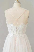 Long A-line V-neck Appliques Lace Tulle Backless Wedding Dress