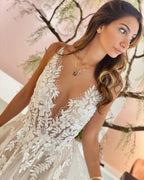 Long A-Line V-neck Appliques Lace Tulle Backless Wedding Dress