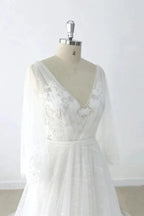 Long A-line V-neck Appliques Lace Tulle Backless Wedding Dress with Sleeves