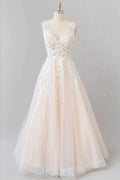 Long A-line V-neck Appliques Lace Tulle Backless Wedding Dress