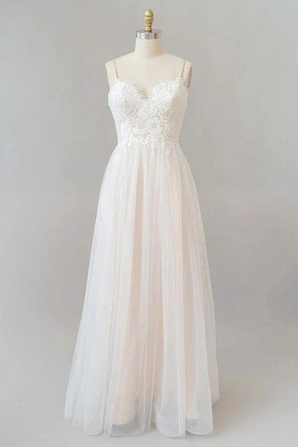 Long A-line V-neck Appliques Lace Tulle Backless Wedding Dress