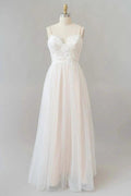Long A-line V-neck Appliques Lace Tulle Backless Wedding Dress