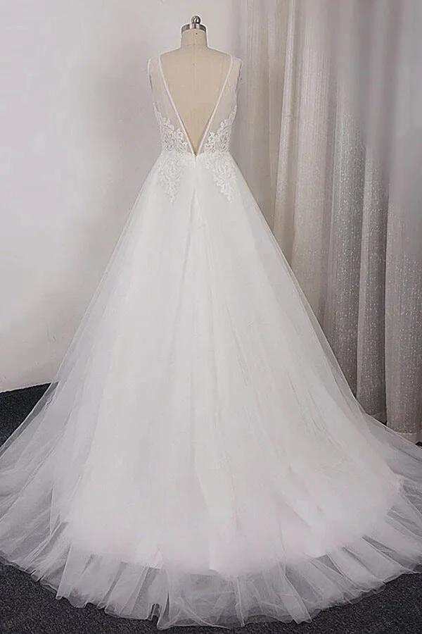 Long A-line V-neck Appliques Lace Tulle Wedding Dress