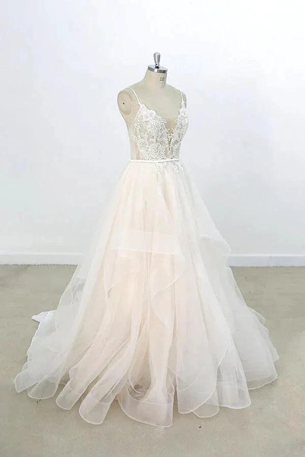 Long A-line V-neck Appliques Lace Tulle Wedding Dress