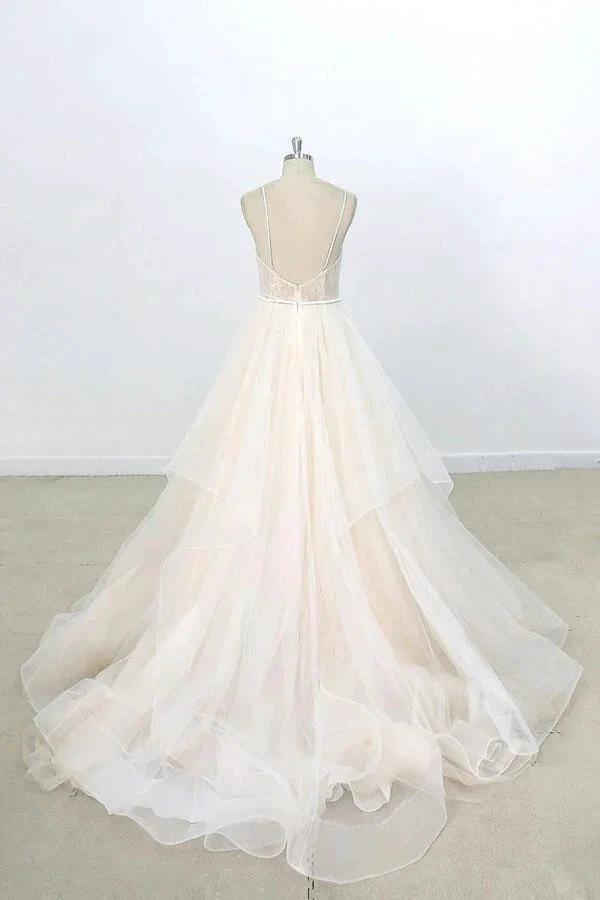Long A-line V-neck Appliques Lace Tulle Wedding Dress