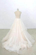 Long A-line V-neck Appliques Lace Tulle Wedding Dress