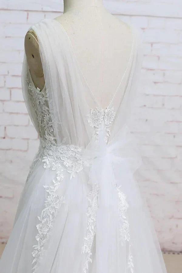 Long A-line V-neck Appliques Lace Tulle Wedding Dress