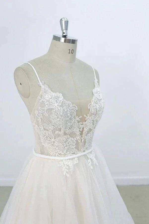 Long A-line V-neck Appliques Lace Tulle Wedding Dress