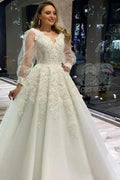 Long A-Line V-neck Appliques Lace Tulle Wedding Dress With Puffy Long Sleeves