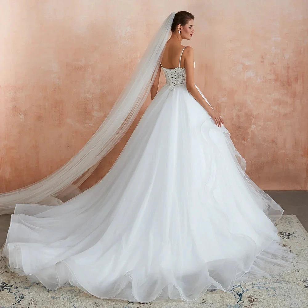 Long A-line V-neck Appliques Tulle Wedding Dress